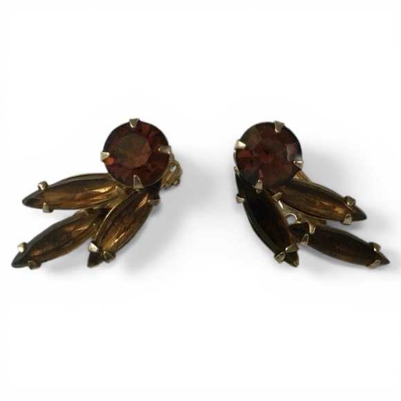 Vintage 1950s WEISS Smoky Topaz Rhinestone Clip‑On Earrings - Picture 8 of 13